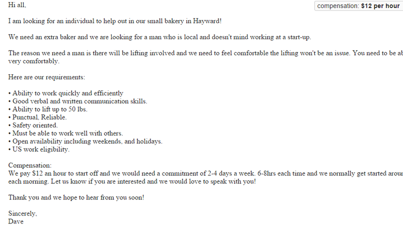 Illustration for article titled Baker on Craigslist Will Only Hire Men Because They Can Lift, Bro
